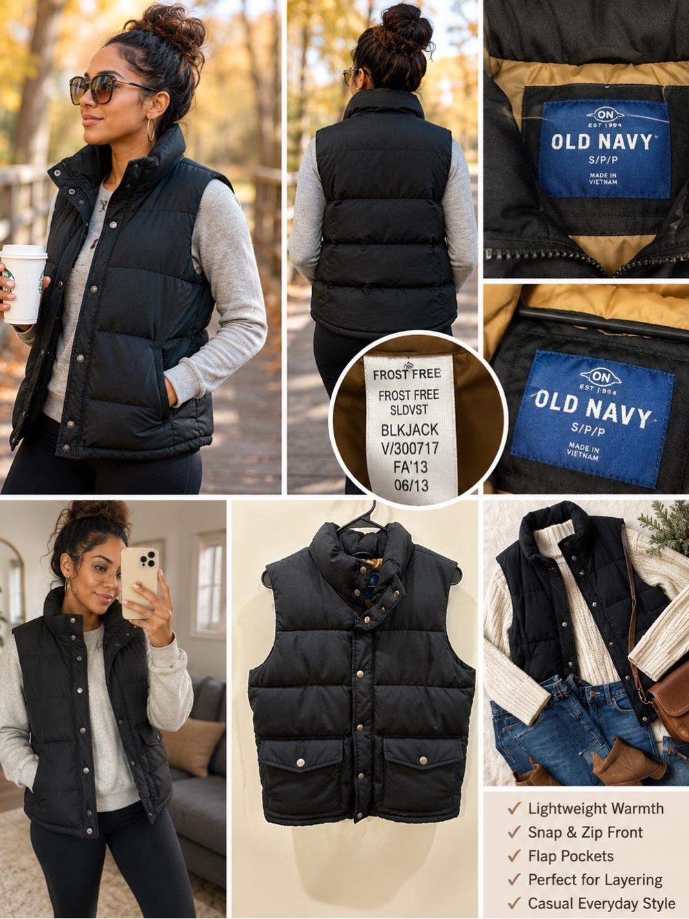 Old Navy Frost Free Puffer Vest Women’s Small Black Full Zip Snap Pockets Warm